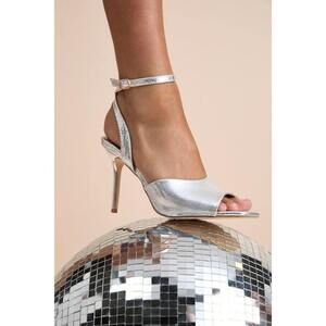 Lulus Masha Silver Ankle Strap High Heel Sandals - Size 8